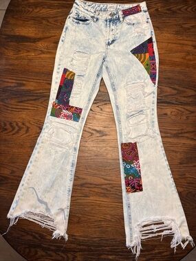 Rue21 Light Acid-Wash Flare Jeans with Multicolor Patchwork